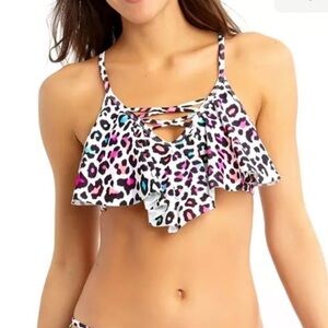California Waves Swimwear White Cheetah Flounce Bralette Swim Top